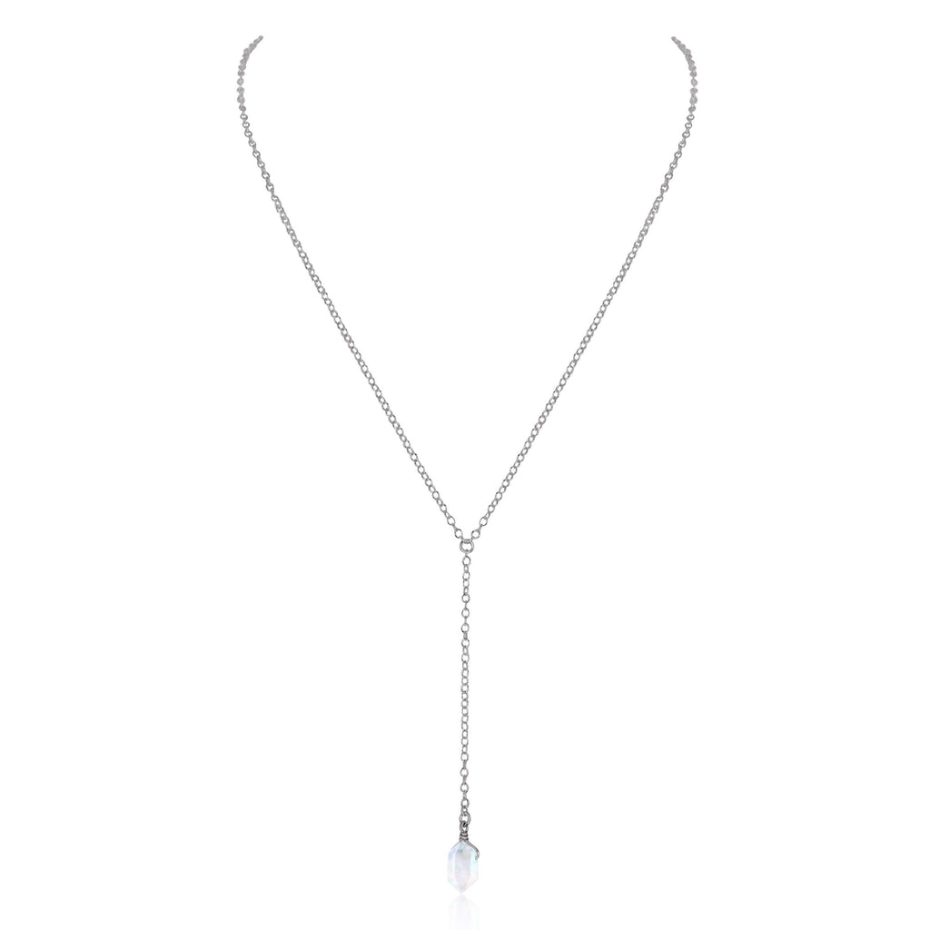 Rainbow Moonstone Double Terminated Mini Crystal Point Lariat Necklace - Rainbow Moonstone Double Terminated Mini Crystal Point Lariat Necklace - Stainless Steel - Luna Tide Handmade Crystal Jewellery