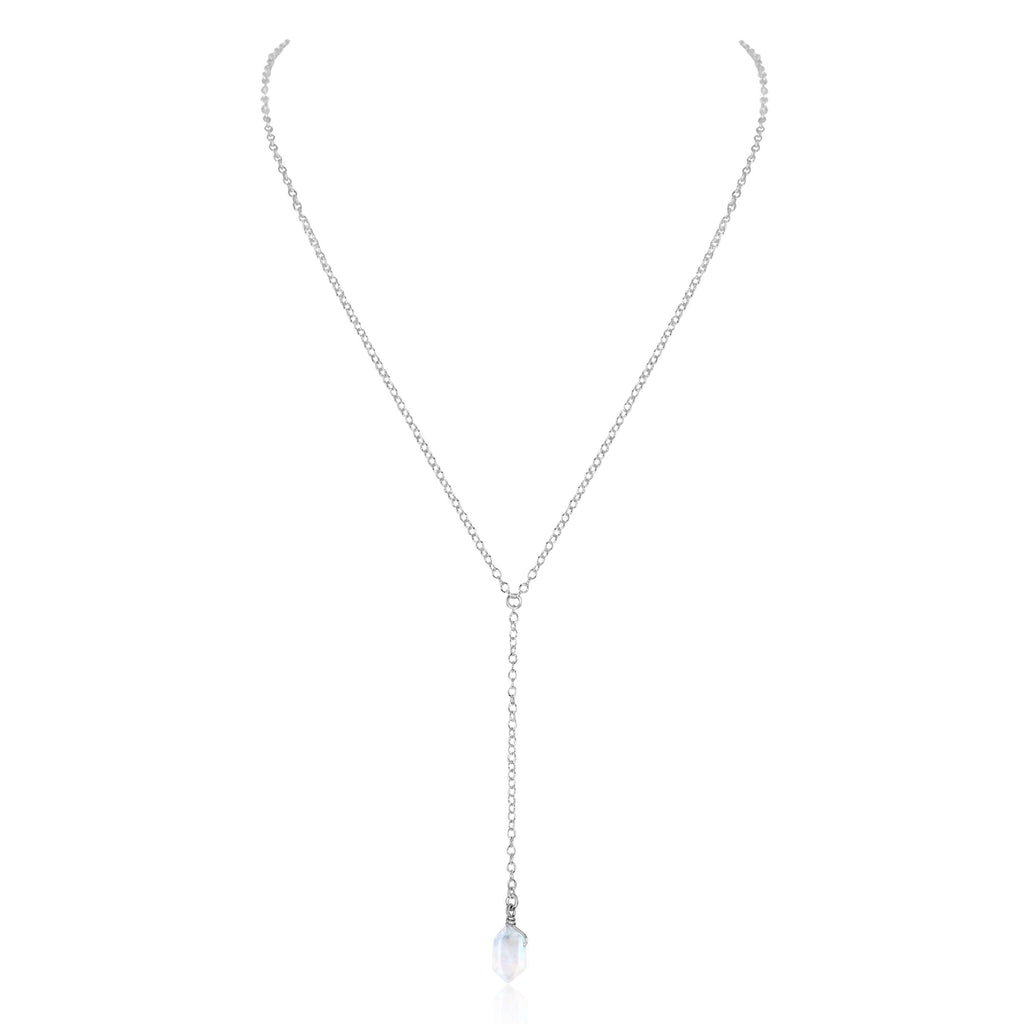 Rainbow Moonstone Double Terminated Mini Crystal Point Lariat Necklace - Rainbow Moonstone Double Terminated Mini Crystal Point Lariat Necklace - Sterling Silver - Luna Tide Handmade Crystal Jewellery