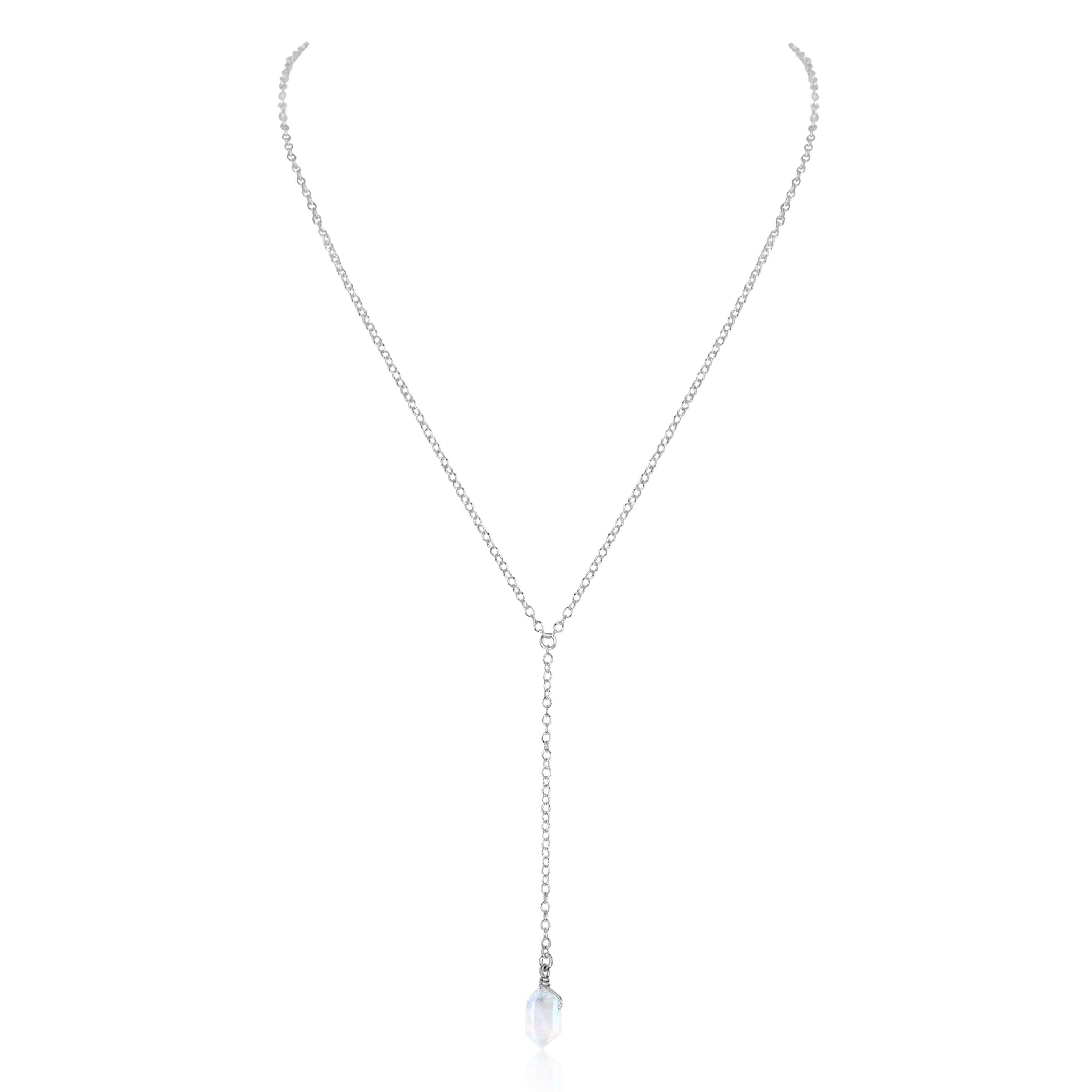 Rainbow Moonstone Double Terminated Mini Crystal Point Lariat Necklace - Rainbow Moonstone Double Terminated Mini Crystal Point Lariat Necklace - Sterling Silver - Luna Tide Handmade Crystal Jewellery