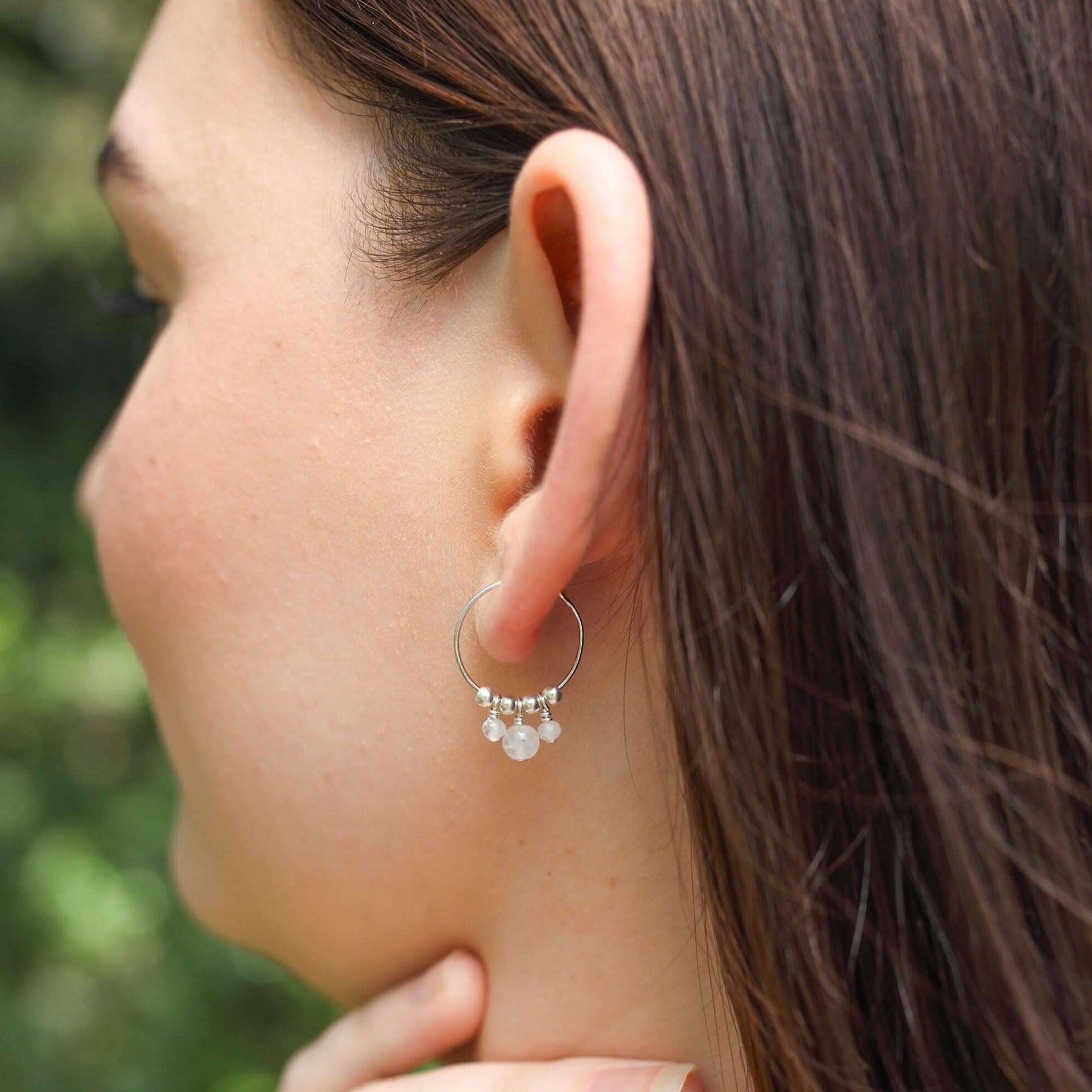 Rainbow Moonstone Gemstone Bead Drop Hoop Earrings - Rainbow Moonstone Gemstone Bead Drop Hoop Earrings - 14k Gold Fill - Luna Tide Handmade Crystal Jewellery
