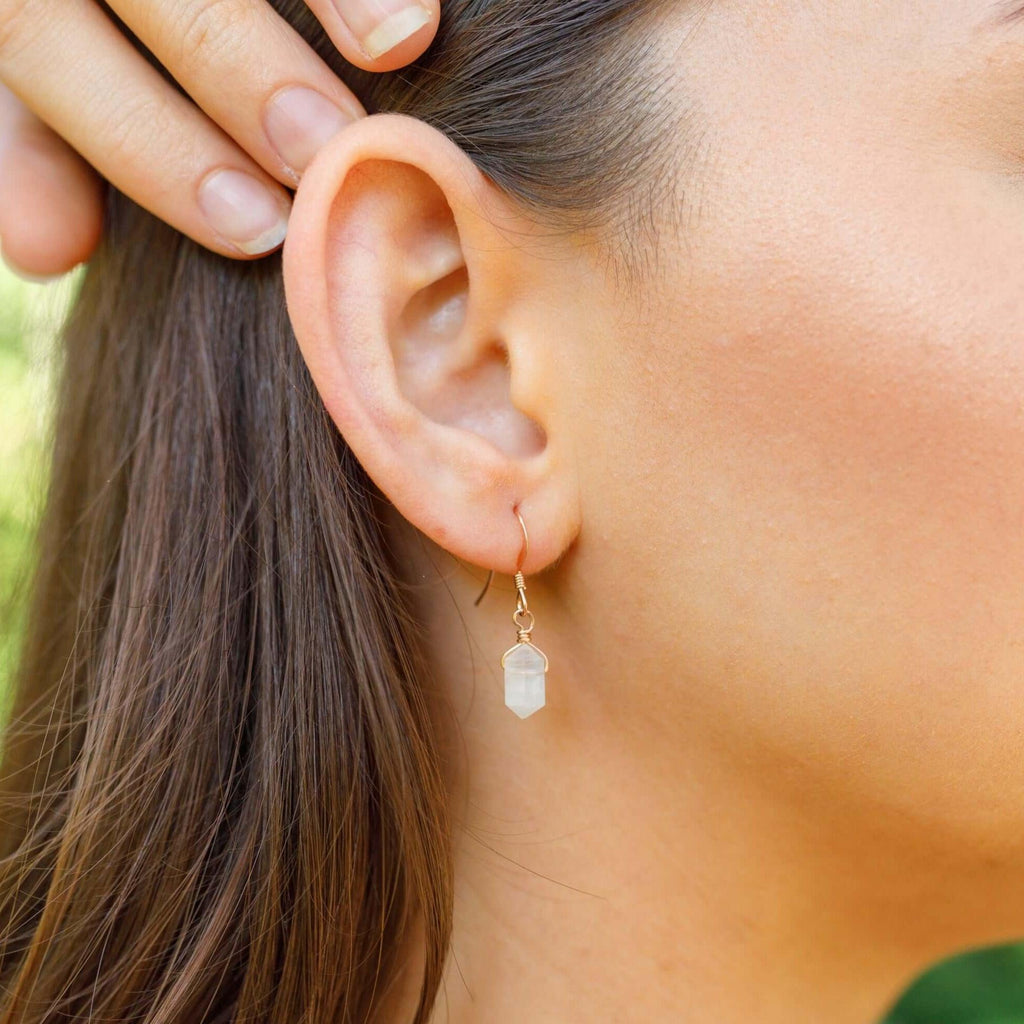 Rainbow Moonstone Mini Double Terminated Crystal Point Dangle Drop Earrings - Rainbow Moonstone Mini Double Terminated Crystal Point Dangle Drop Earrings - 14k Gold Fill - Luna Tide Handmade Crystal Jewellery
