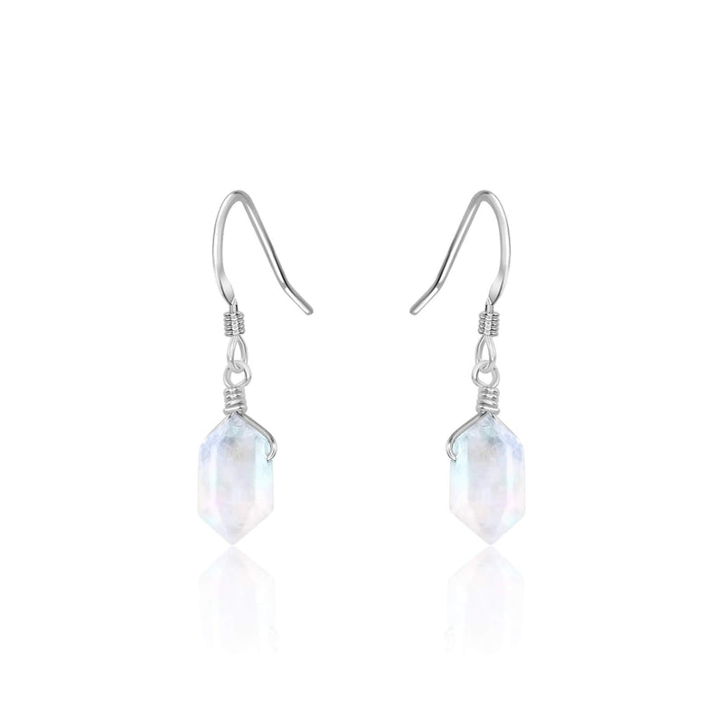 Double Terminated Crystal Dangle Drop Earrings - Rainbow Moonstone - Sterling Silver - Luna Tide Handmade Jewellery