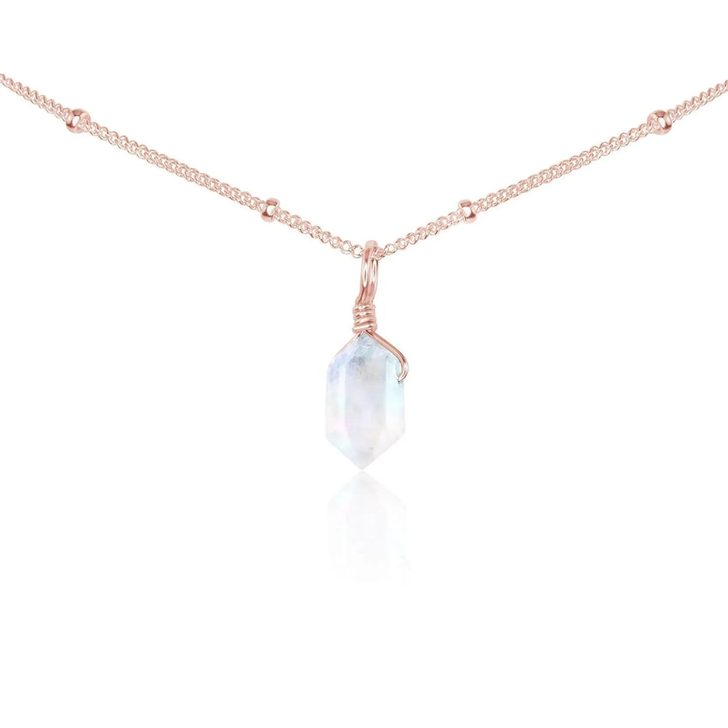Rainbow Moonstone Mini Double Terminated Crystal Point Pendant Choker Necklace - Rainbow Moonstone Mini Double Terminated Crystal Point Pendant Choker Necklace - 14k Rose Gold Fill / Satellite - Luna Tide Handmade Crystal Jewellery