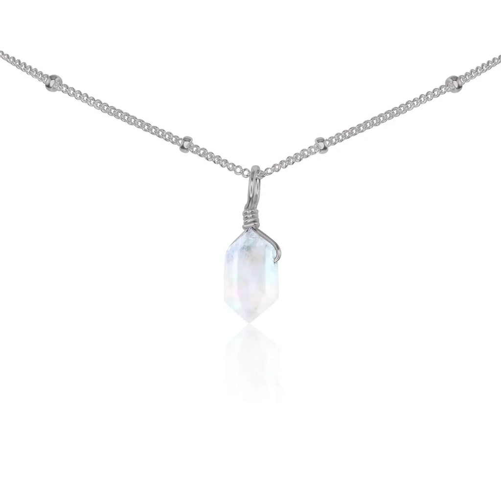 Rainbow Moonstone Mini Double Terminated Crystal Point Pendant Choker Necklace - Rainbow Moonstone Mini Double Terminated Crystal Point Pendant Choker Necklace - Stainless Steel / Satellite - Luna Tide Handmade Crystal Jewellery