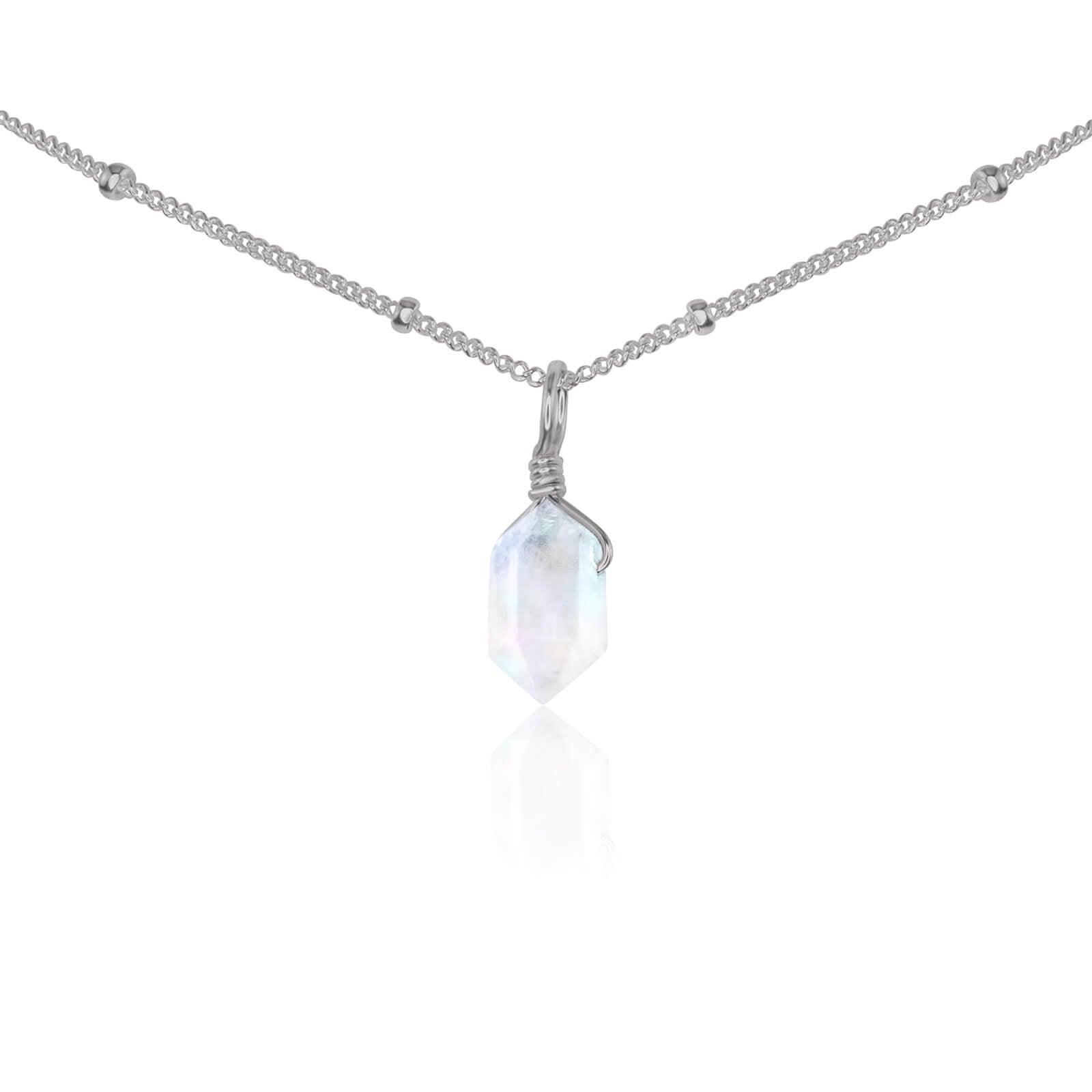 Rainbow Moonstone Mini Double Terminated Crystal Point Pendant Choker Necklace - Rainbow Moonstone Mini Double Terminated Crystal Point Pendant Choker Necklace - Stainless Steel / Satellite - Luna Tide Handmade Crystal Jewellery