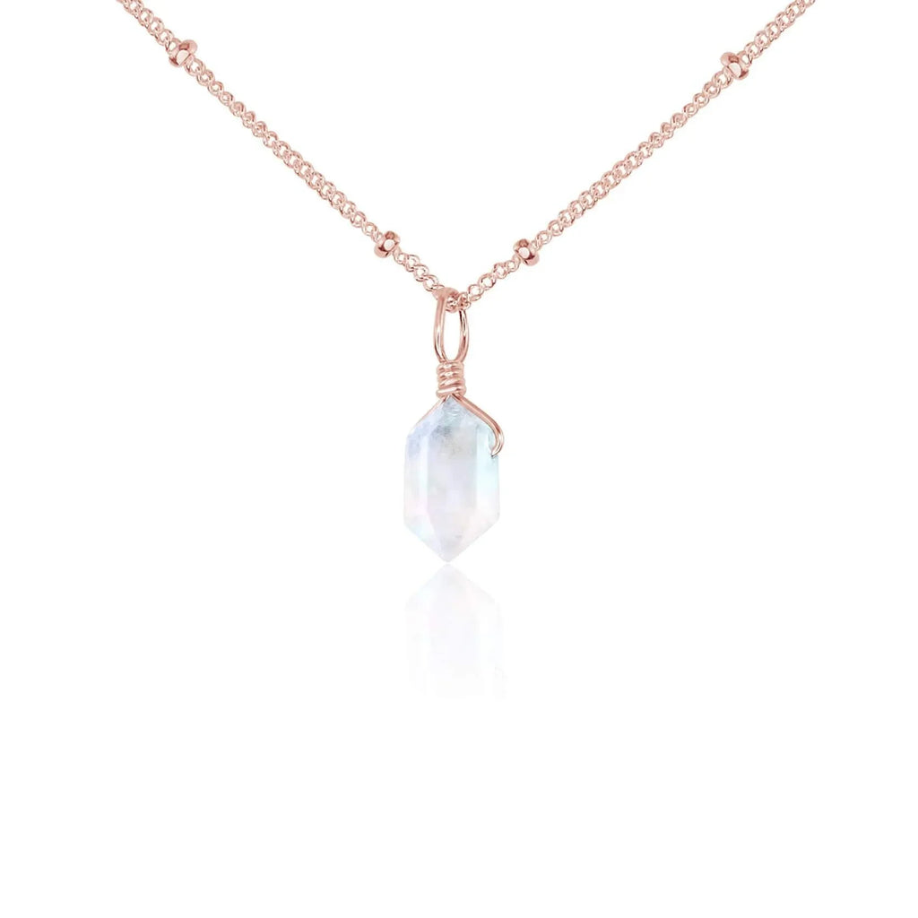 Rainbow Moonstone Mini Double Terminated Crystal Point Pendant Necklace - Rainbow Moonstone Mini Double Terminated Crystal Point Pendant Necklace - 14k Rose Gold Fill / Satellite - Luna Tide Handmade Crystal Jewellery