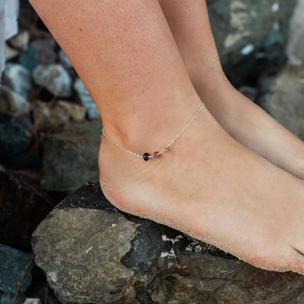Rainbow Tourmaline Beaded Chain Anklet - Rainbow Tourmaline Beaded Chain Anklet - 14k Gold Fill - Luna Tide Handmade Crystal Jewellery