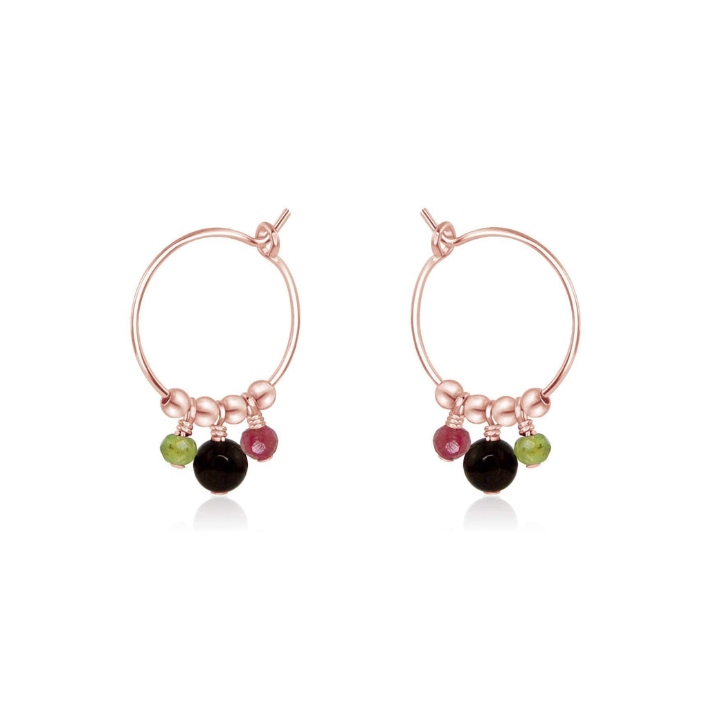 Rainbow Tourmaline Gemstone Bead Drop Hoop Earrings - Rainbow Tourmaline Gemstone Bead Drop Hoop Earrings - 14k Rose Gold Fill - Luna Tide Handmade Crystal Jewellery