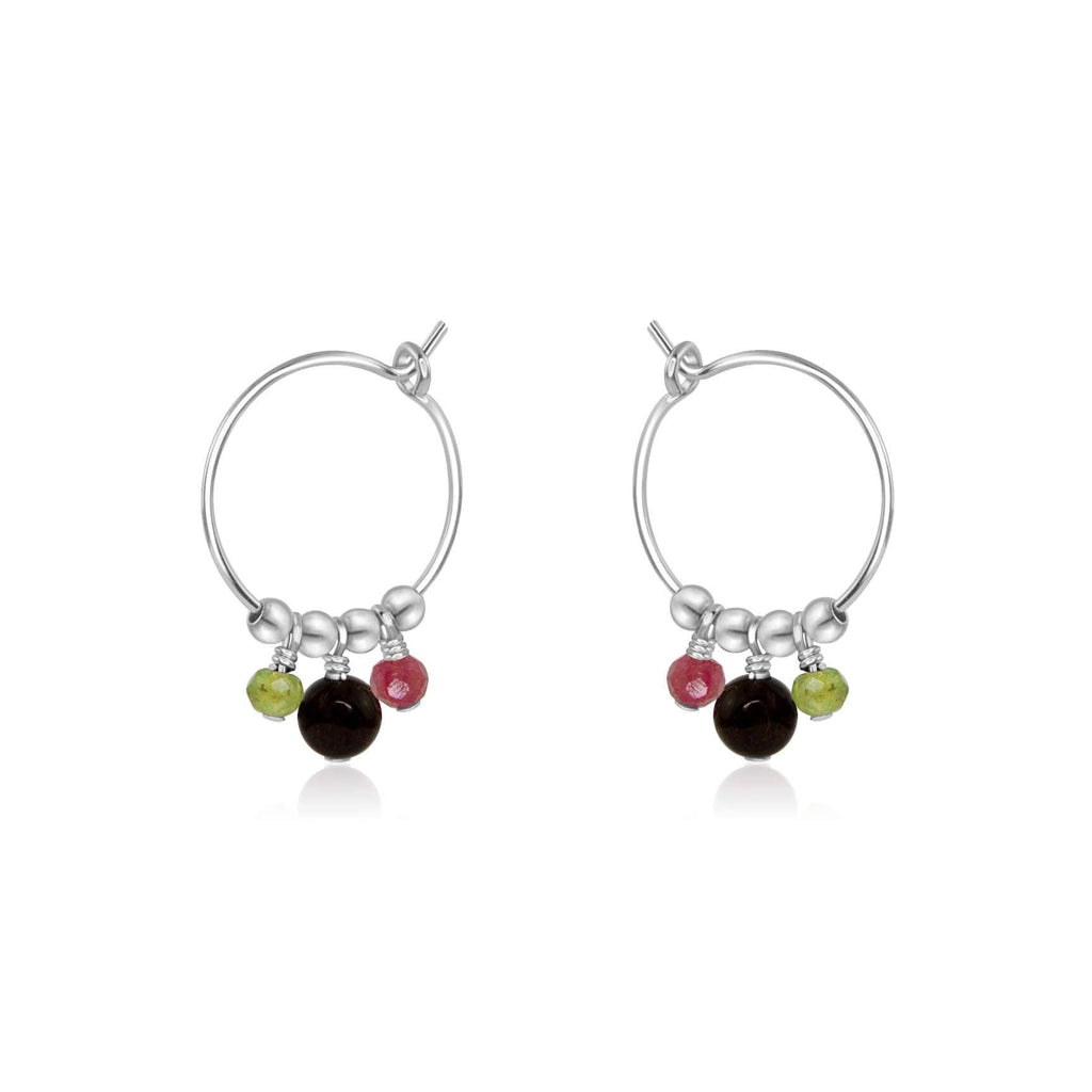 Rainbow Tourmaline Gemstone Bead Drop Hoop Earrings - Rainbow Tourmaline Gemstone Bead Drop Hoop Earrings - Sterling Silver - Luna Tide Handmade Crystal Jewellery