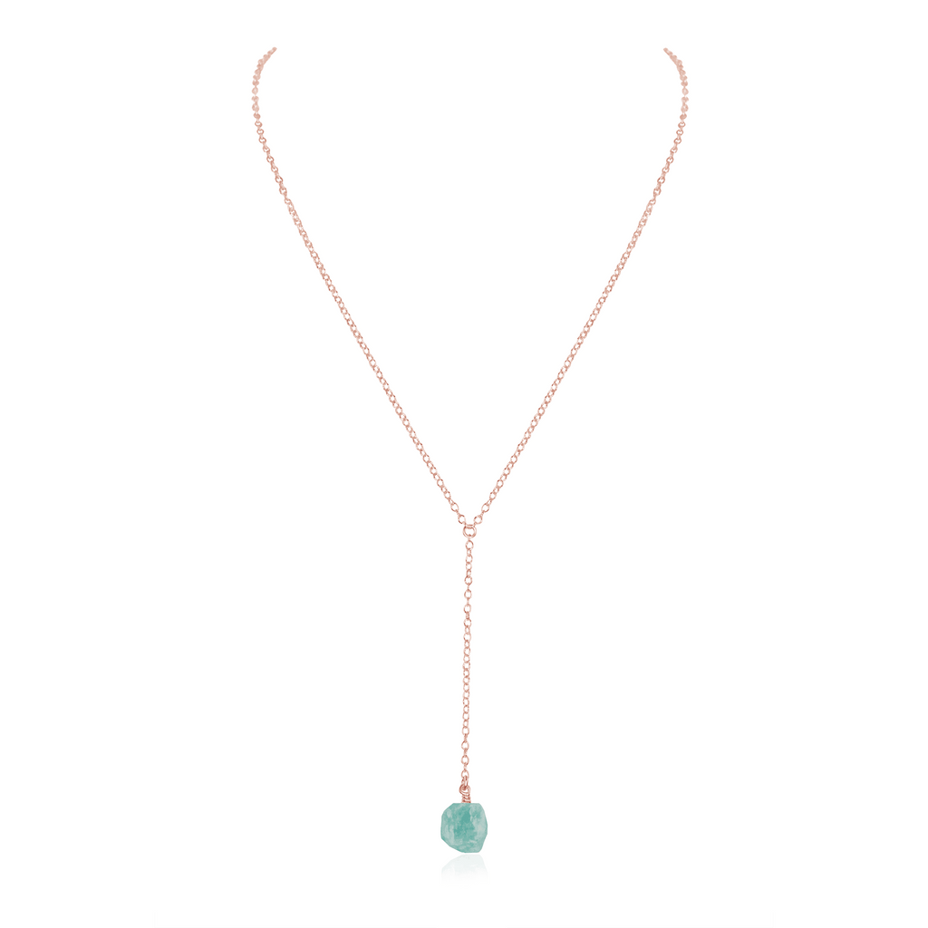 Raw Amazonite Crystal Lariat Necklace - Raw Amazonite Crystal Lariat Necklace - 14k Rose Gold Fill - Luna Tide Handmade Crystal Jewellery
