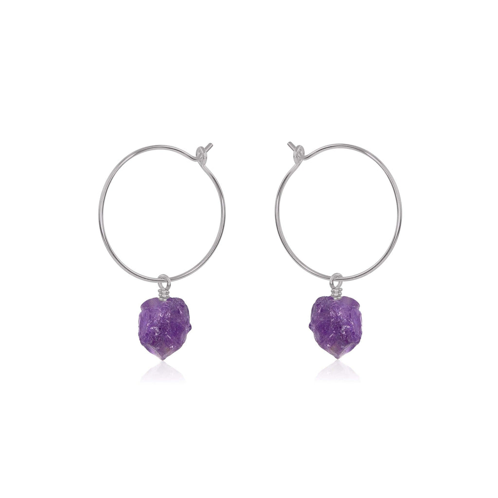 Raw Amethyst Gemstone Dangle Hoop Earrings - Raw Amethyst Gemstone Dangle Hoop Earrings - Stainless Steel - Luna Tide Handmade Crystal Jewellery
