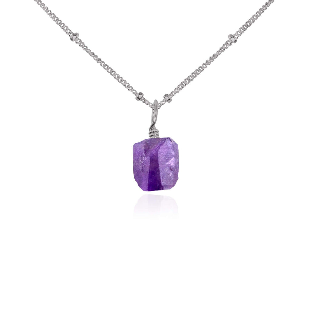Raw Amethyst Natural Crystal Pendant Necklace - Raw Amethyst Natural Crystal Pendant Necklace - Stainless Steel / Satellite - Luna Tide Handmade Crystal Jewellery