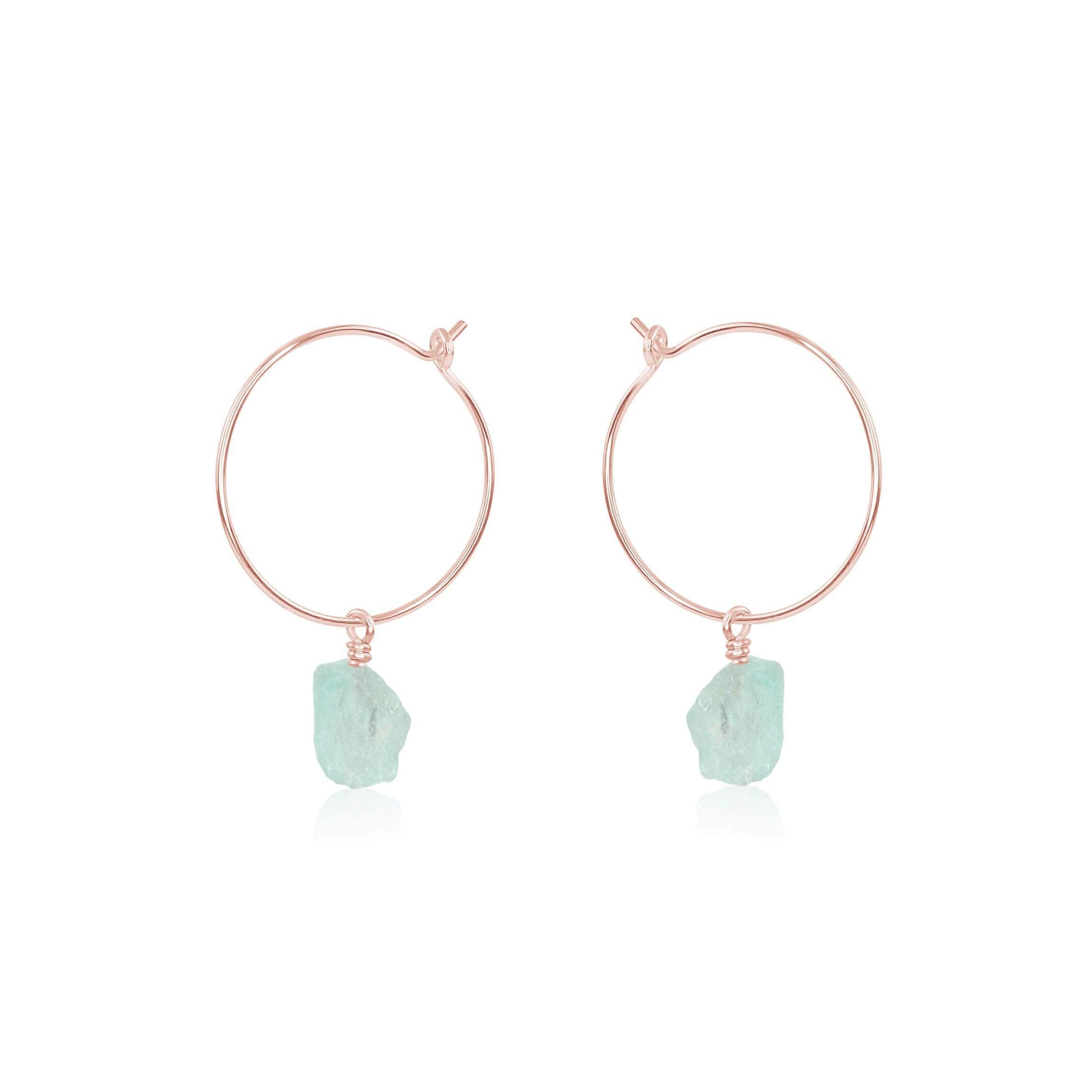Raw Aquamarine Gemstone Dangle Hoop Earrings - Raw Aquamarine Gemstone Dangle Hoop Earrings - 14k Rose Gold Fill - Luna Tide Handmade Crystal Jewellery