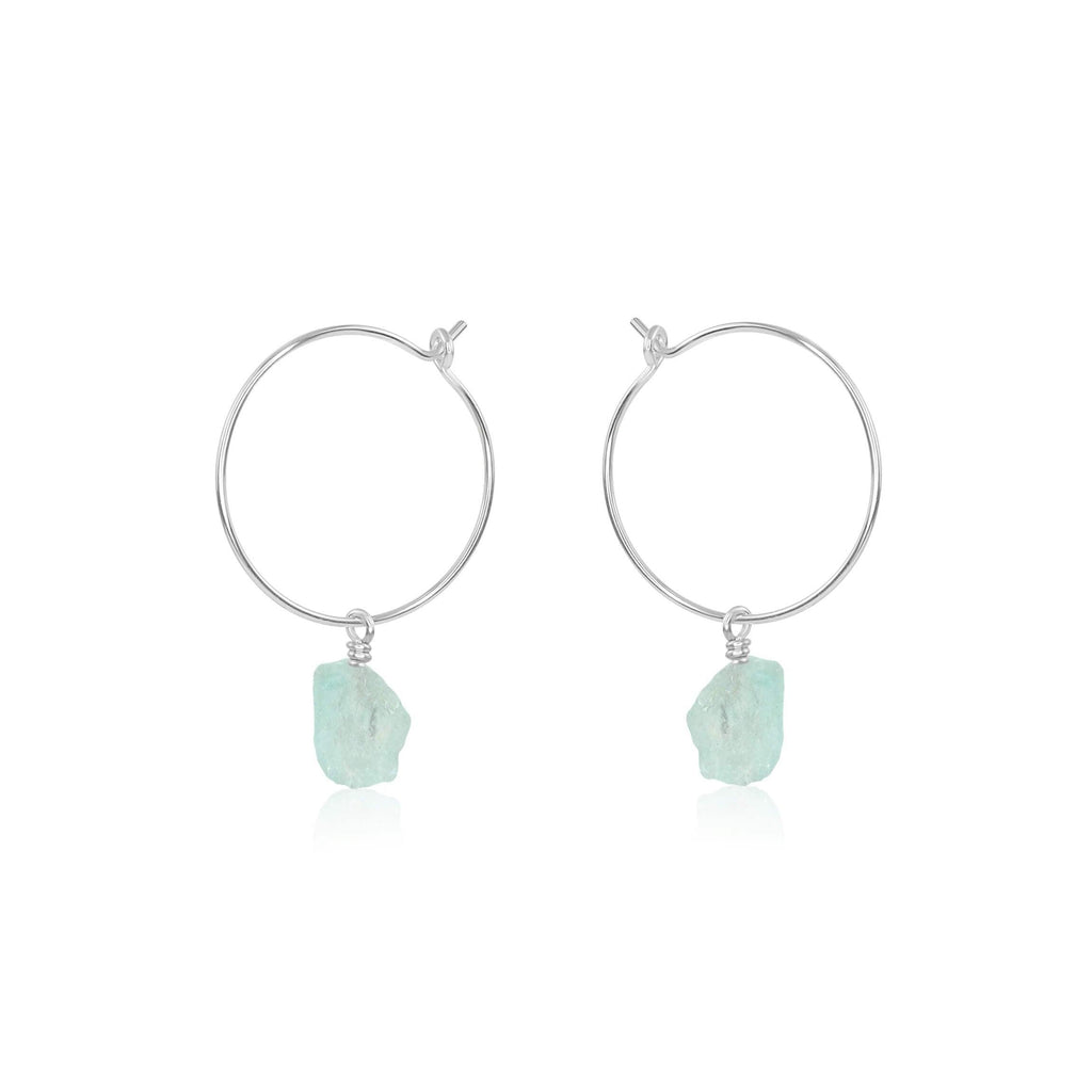 Raw Aquamarine Gemstone Dangle Hoop Earrings - Raw Aquamarine Gemstone Dangle Hoop Earrings - Sterling Silver - Luna Tide Handmade Crystal Jewellery