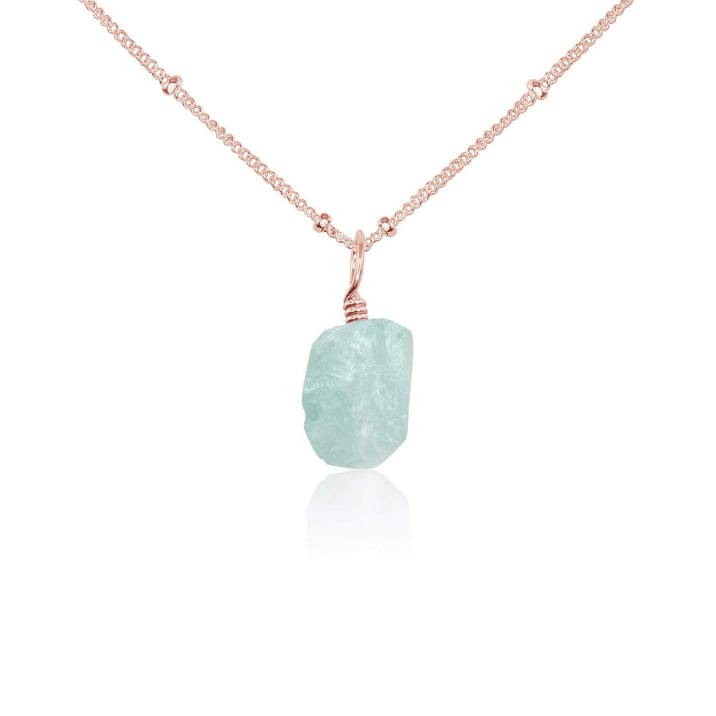 Raw Aquamarine Natural Crystal Pendant Necklace - Raw Aquamarine Natural Crystal Pendant Necklace - 14k Rose Gold Fill / Satellite - Luna Tide Handmade Crystal Jewellery