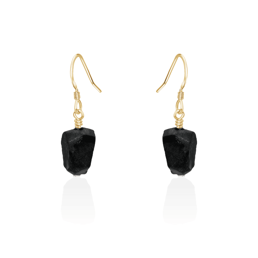Raw Black Obsidian Crystal Dangle Drop Earrings - Raw Black Obsidian Crystal Dangle Drop Earrings - 14k Gold Fill - Luna Tide Handmade Crystal Jewellery