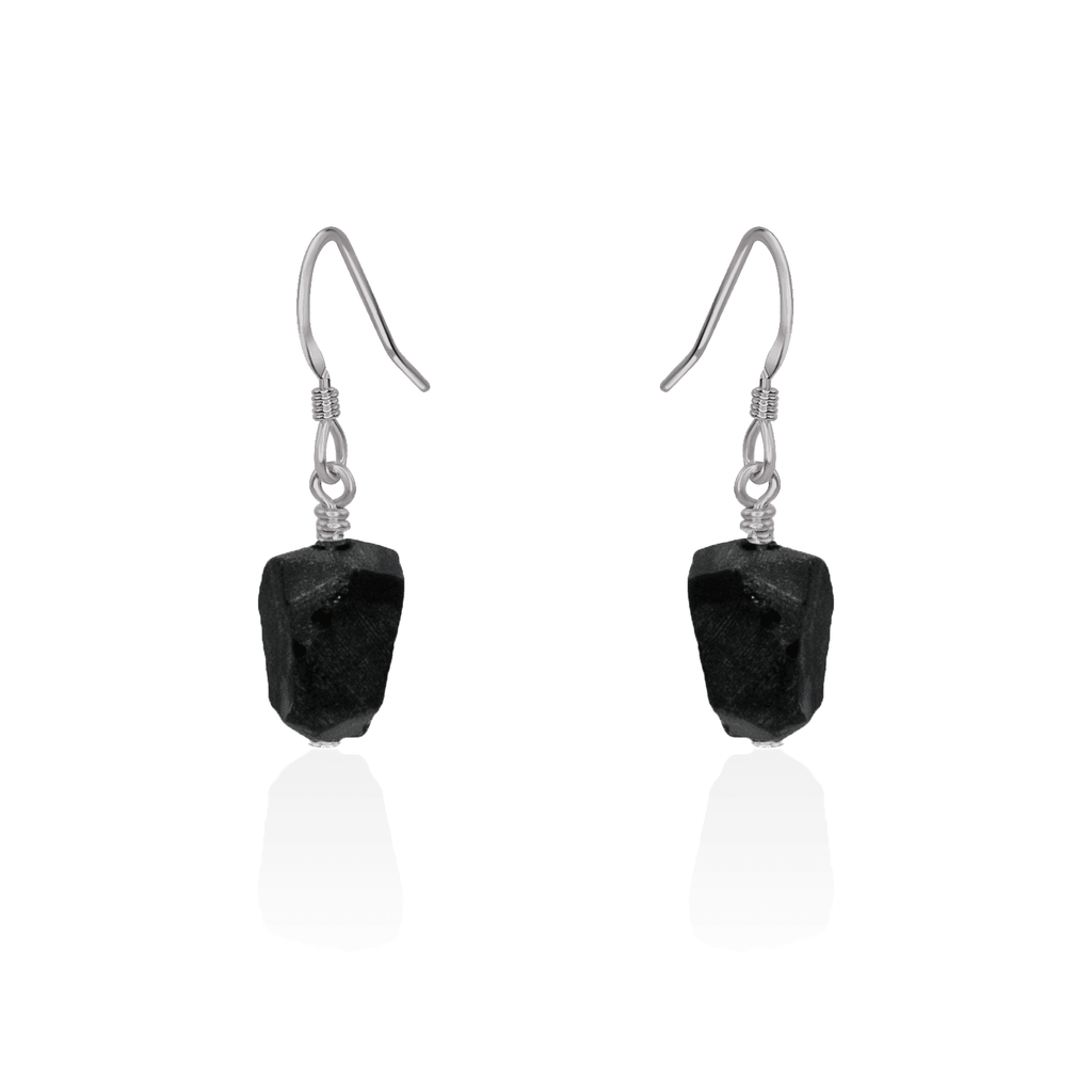 Raw Black Obsidian Crystal Dangle Drop Earrings - Raw Black Obsidian Crystal Dangle Drop Earrings - Stainless Steel - Luna Tide Handmade Crystal Jewellery