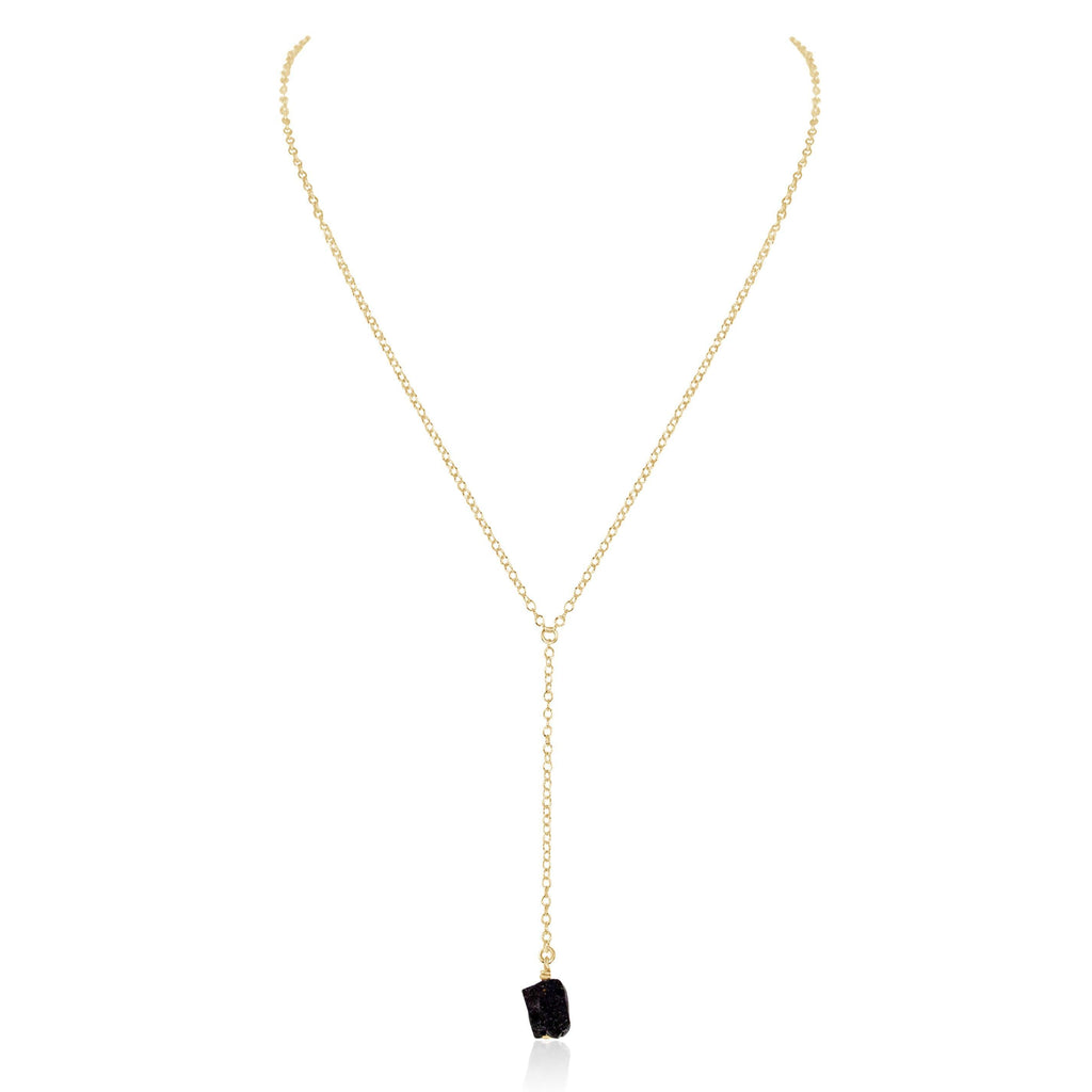 Raw Black Tourmaline Crystal Lariat Necklace - Raw Black Tourmaline Crystal Lariat Necklace - 14k Gold Fill - Luna Tide Handmade Crystal Jewellery