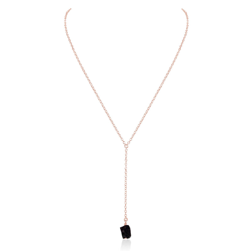 Raw Nugget Lariat - Black Tourmaline - 14K Rose Gold Fill - Luna Tide Handmade Jewellery