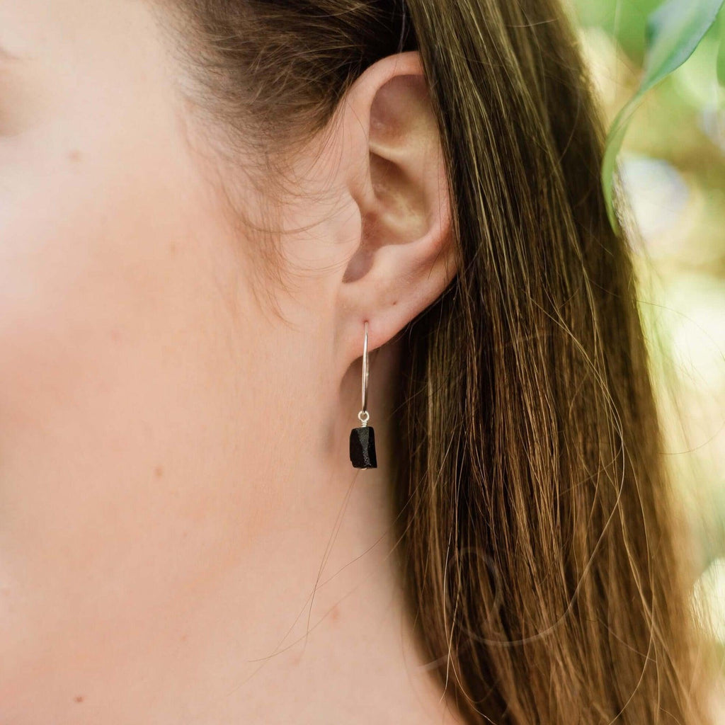 Raw Black Tourmaline Gemstone Dangle Hoop Earrings - Raw Black Tourmaline Gemstone Dangle Hoop Earrings - 14k Gold Fill - Luna Tide Handmade Crystal Jewellery