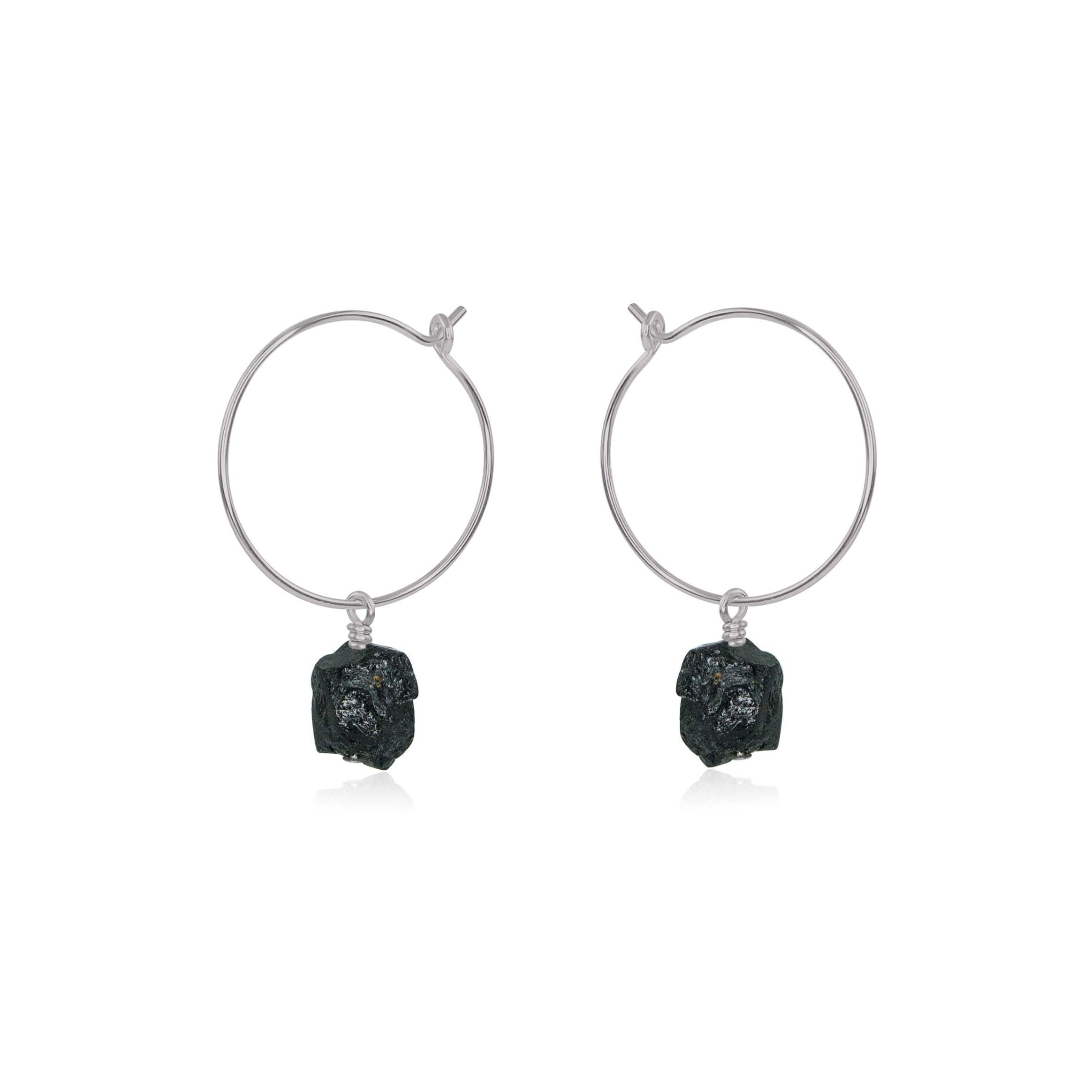 Raw Black Tourmaline Gemstone Dangle Hoop Earrings - Raw Black Tourmaline Gemstone Dangle Hoop Earrings - Stainless Steel - Luna Tide Handmade Crystal Jewellery