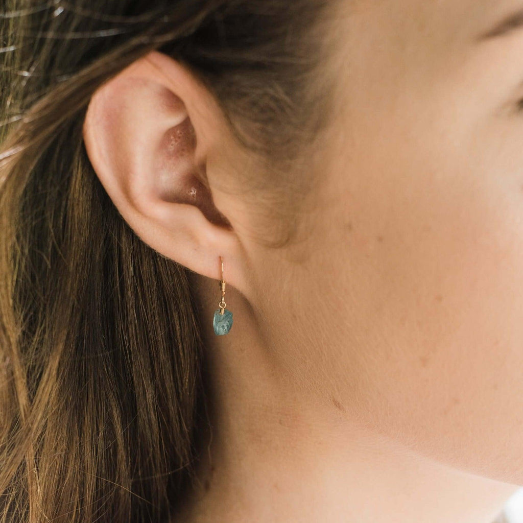 Raw Blue Apatite Crystal Dangle Drop Earrings - Raw Blue Apatite Crystal Dangle Drop Earrings - 14k Gold Fill - Luna Tide Handmade Crystal Jewellery