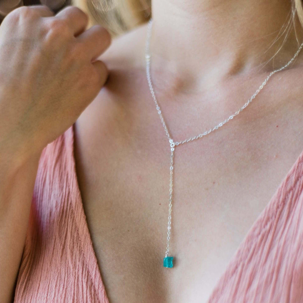 Raw Blue Apatite Crystal Lariat Necklace - Raw Blue Apatite Crystal Lariat Necklace - Sterling Silver - Luna Tide Handmade Crystal Jewellery