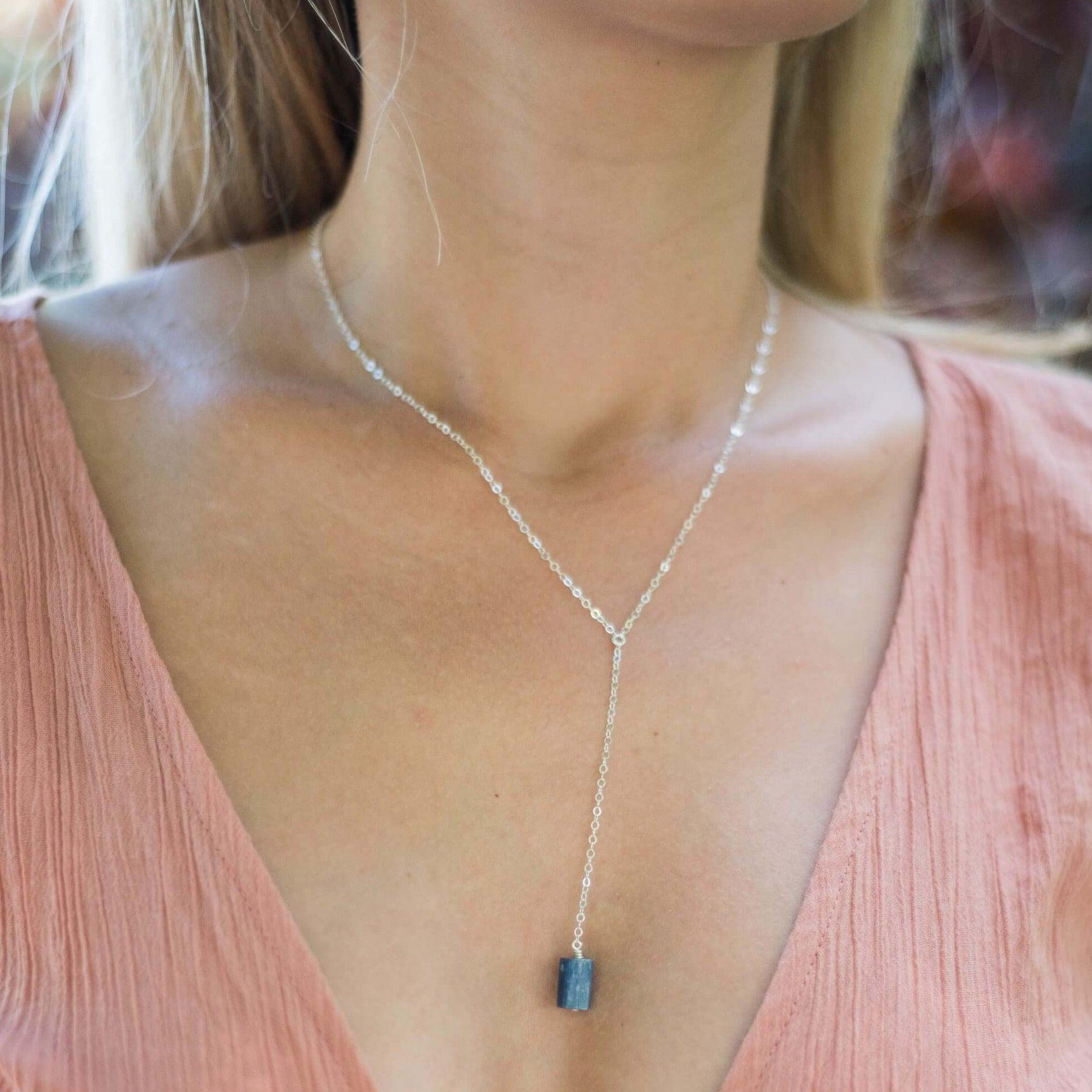 Raw Blue Kyanite Crystal Lariat Necklace - Raw Blue Kyanite Crystal Lariat Necklace - 14k Gold Fill - Luna Tide Handmade Crystal Jewellery