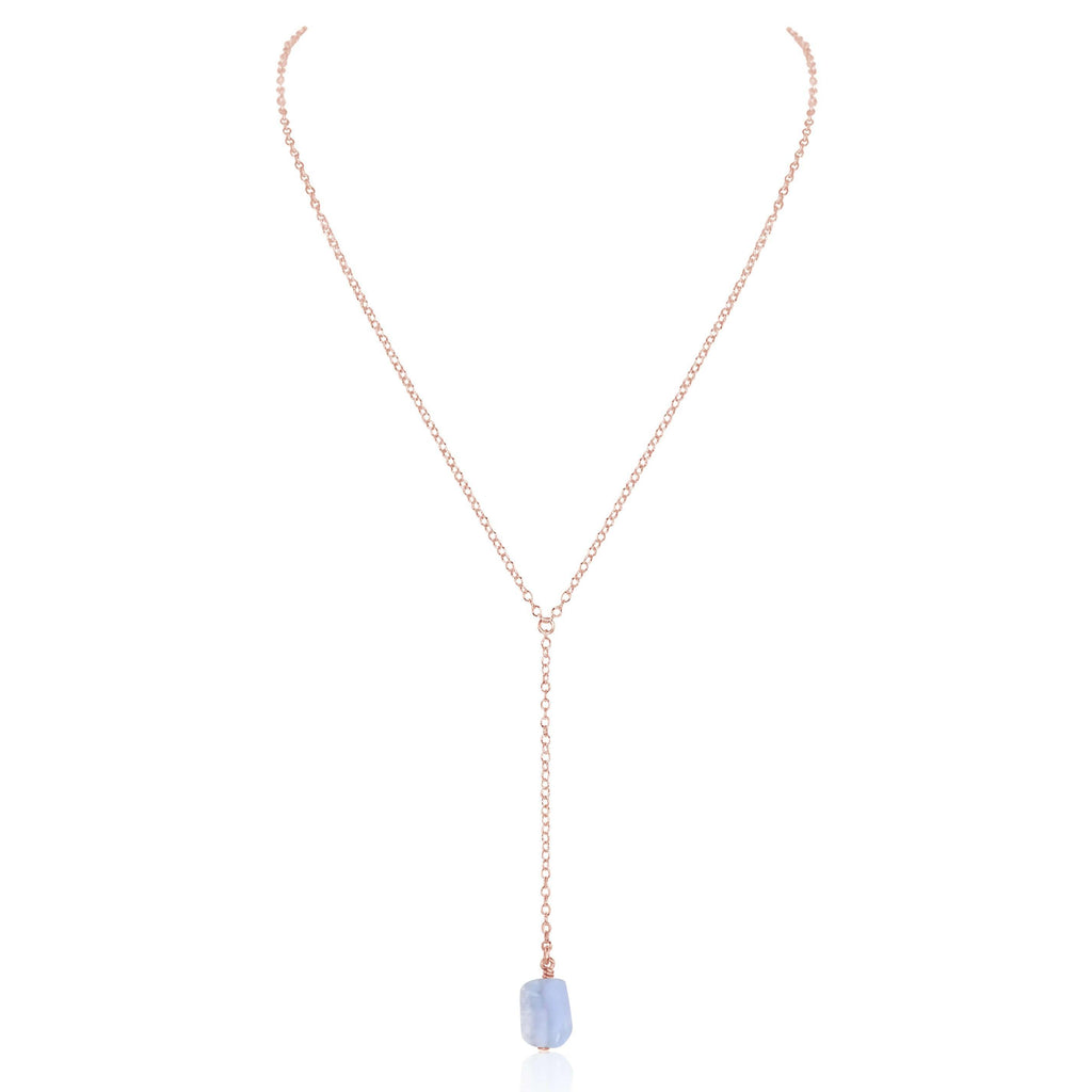 Raw Blue Lace Agate Crystal Lariat Necklace - Raw Blue Lace Agate Crystal Lariat Necklace - 14k Rose Gold Fill - Luna Tide Handmade Crystal Jewellery