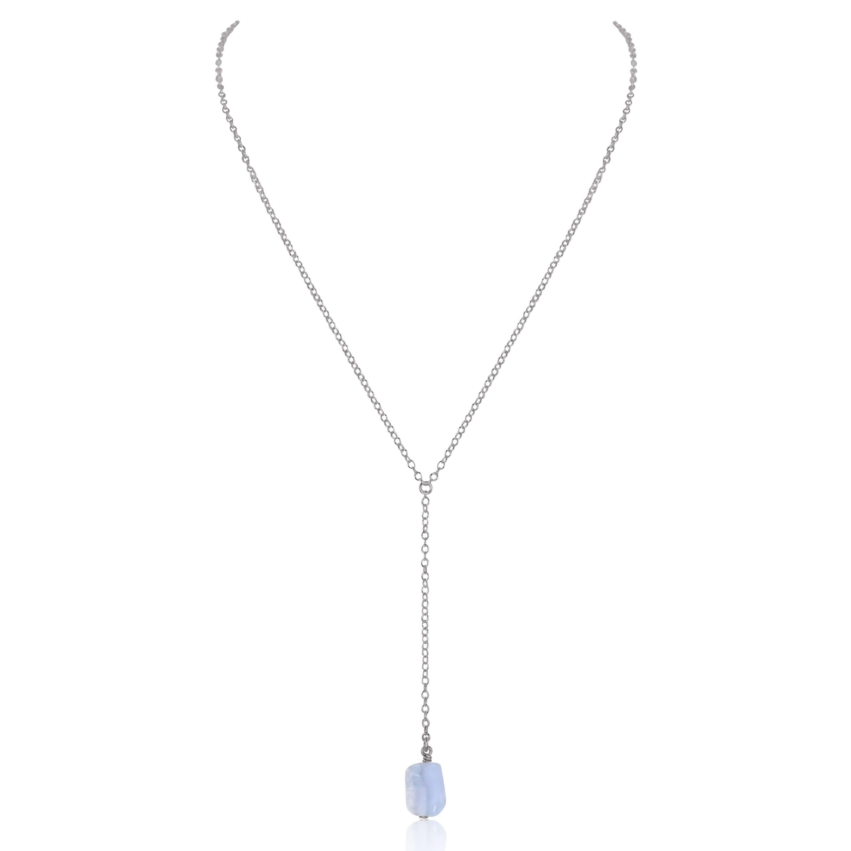 Raw Blue Lace Agate Crystal Lariat Necklace - Raw Blue Lace Agate Crystal Lariat Necklace - Stainless Steel - Luna Tide Handmade Crystal Jewellery