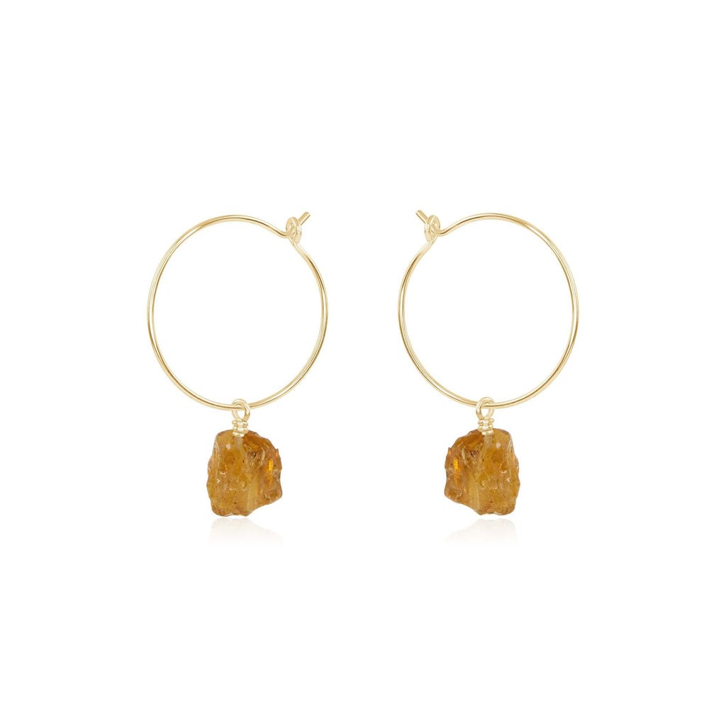 Raw Citrine Gemstone Dangle Hoop Earrings - Raw Citrine Gemstone Dangle Hoop Earrings - 14k Gold Fill - Luna Tide Handmade Crystal Jewellery