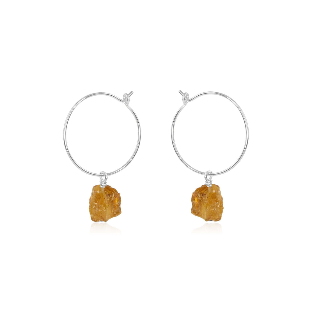 Raw Citrine Gemstone Dangle Hoop Earrings - Raw Citrine Gemstone Dangle Hoop Earrings - Sterling Silver - Luna Tide Handmade Crystal Jewellery