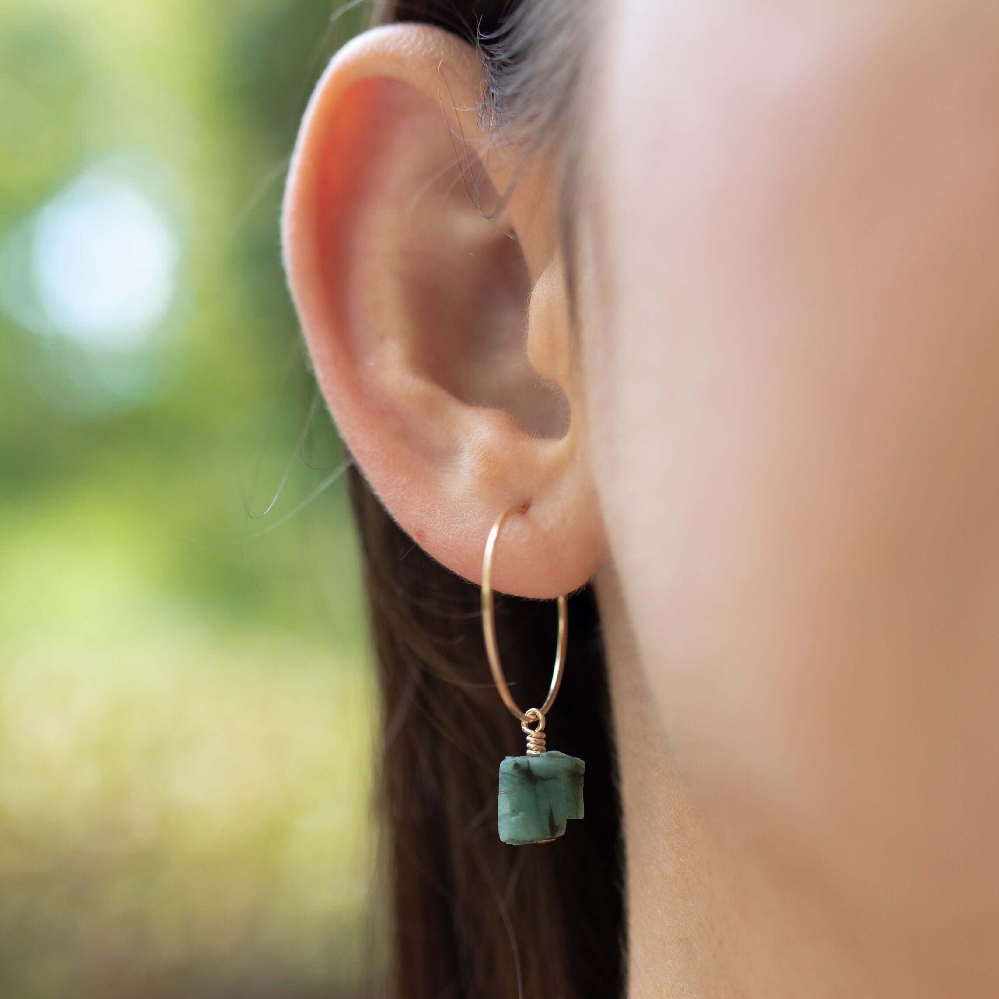 Raw Emerald Gemstone Dangle Hoop Earrings - Raw Emerald Gemstone Dangle Hoop Earrings - 14k Gold Fill - Luna Tide Handmade Crystal Jewellery