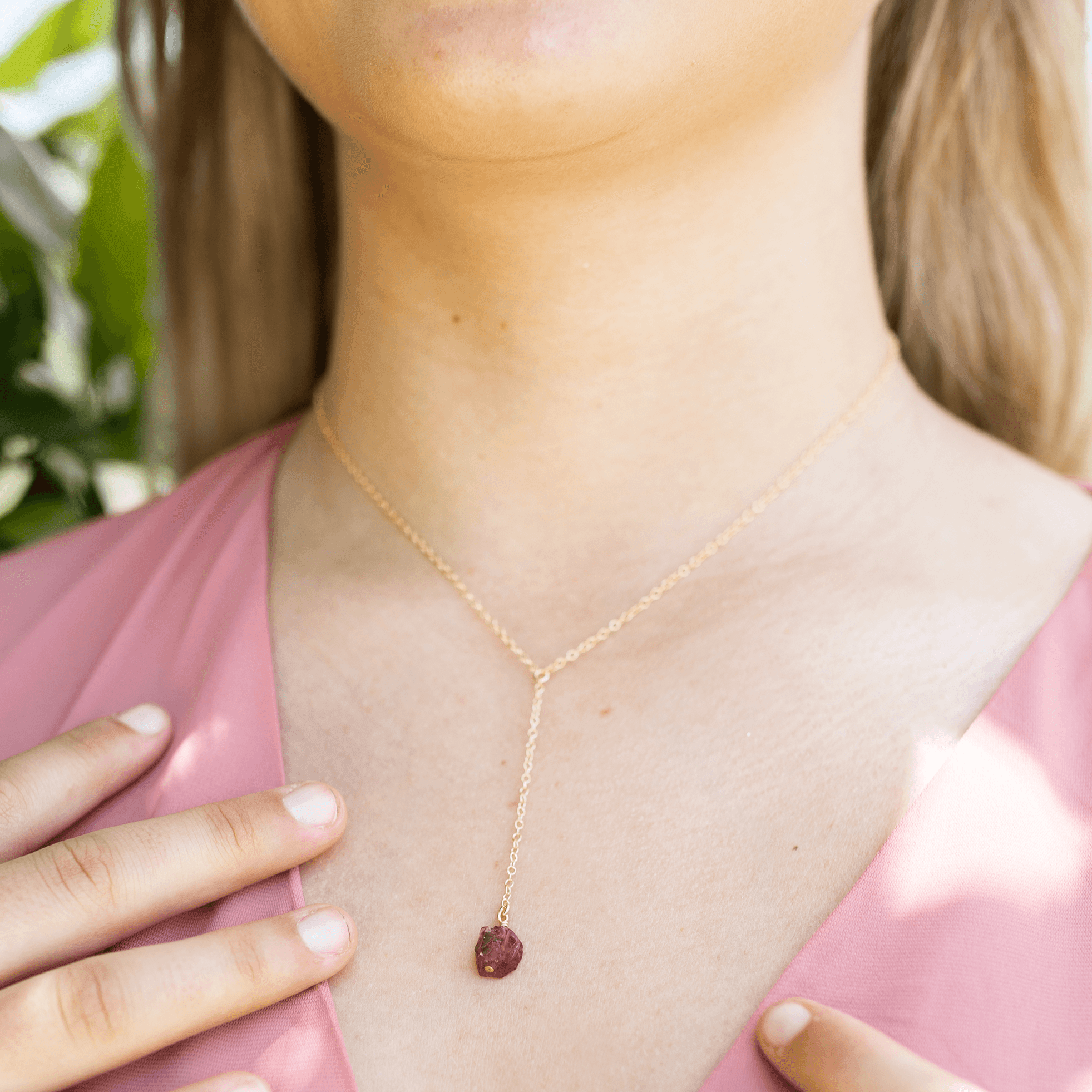 Raw Garnet Crystal Lariat Necklace - Raw Garnet Crystal Lariat Necklace - 14k Gold Fill - Luna Tide Handmade Crystal Jewellery