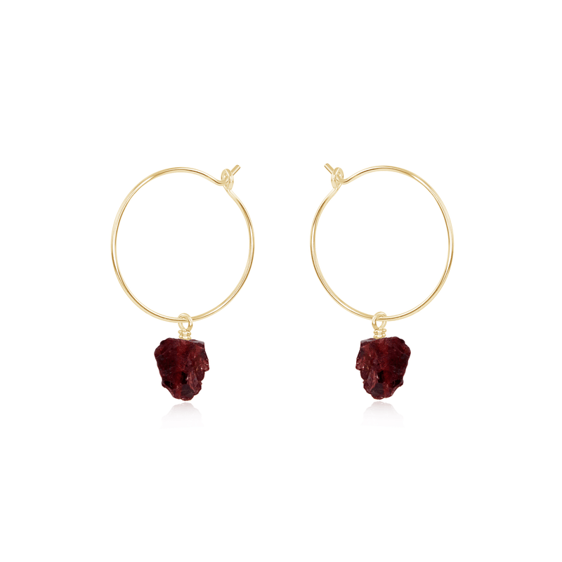 Raw Garnet Gemstone Dangle Hoop Earrings - Raw Garnet Gemstone Dangle Hoop Earrings - 14k Gold Fill - Luna Tide Handmade Crystal Jewellery