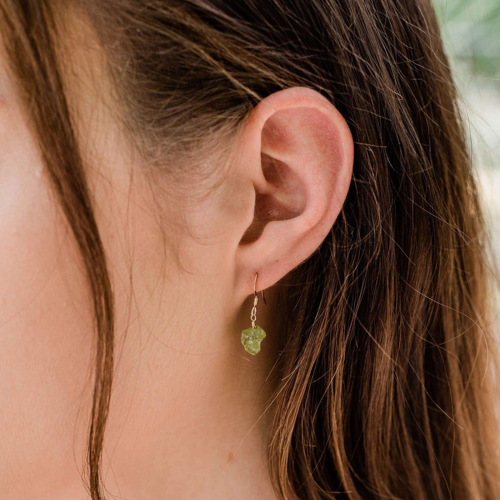 Raw Green Peridot Crystal Dangle Drop Earrings - Raw Green Peridot Crystal Dangle Drop Earrings - Sterling Silver - Luna Tide Handmade Crystal Jewellery