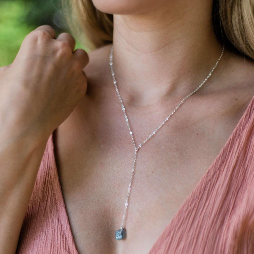 Raw Grey Labradorite Crystal Lariat Necklace - Raw Grey Labradorite Crystal Lariat Necklace - 14k Gold Fill - Luna Tide Handmade Crystal Jewellery