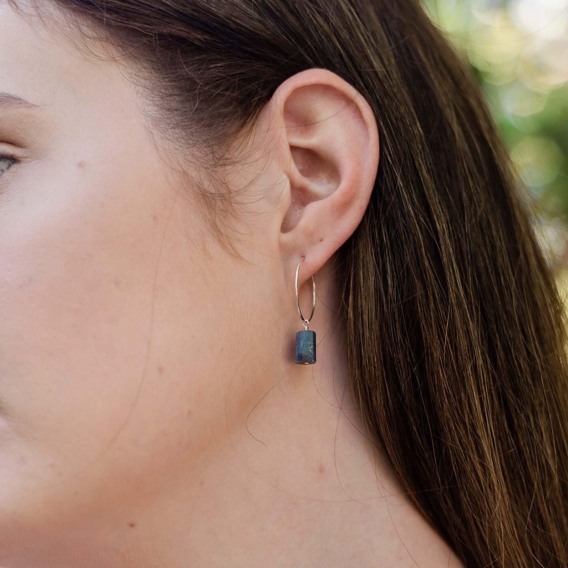 Raw Kyanite Gemstone Dangle Hoop Earrings - Raw Kyanite Gemstone Dangle Hoop Earrings - Sterling Silver - Luna Tide Handmade Crystal Jewellery
