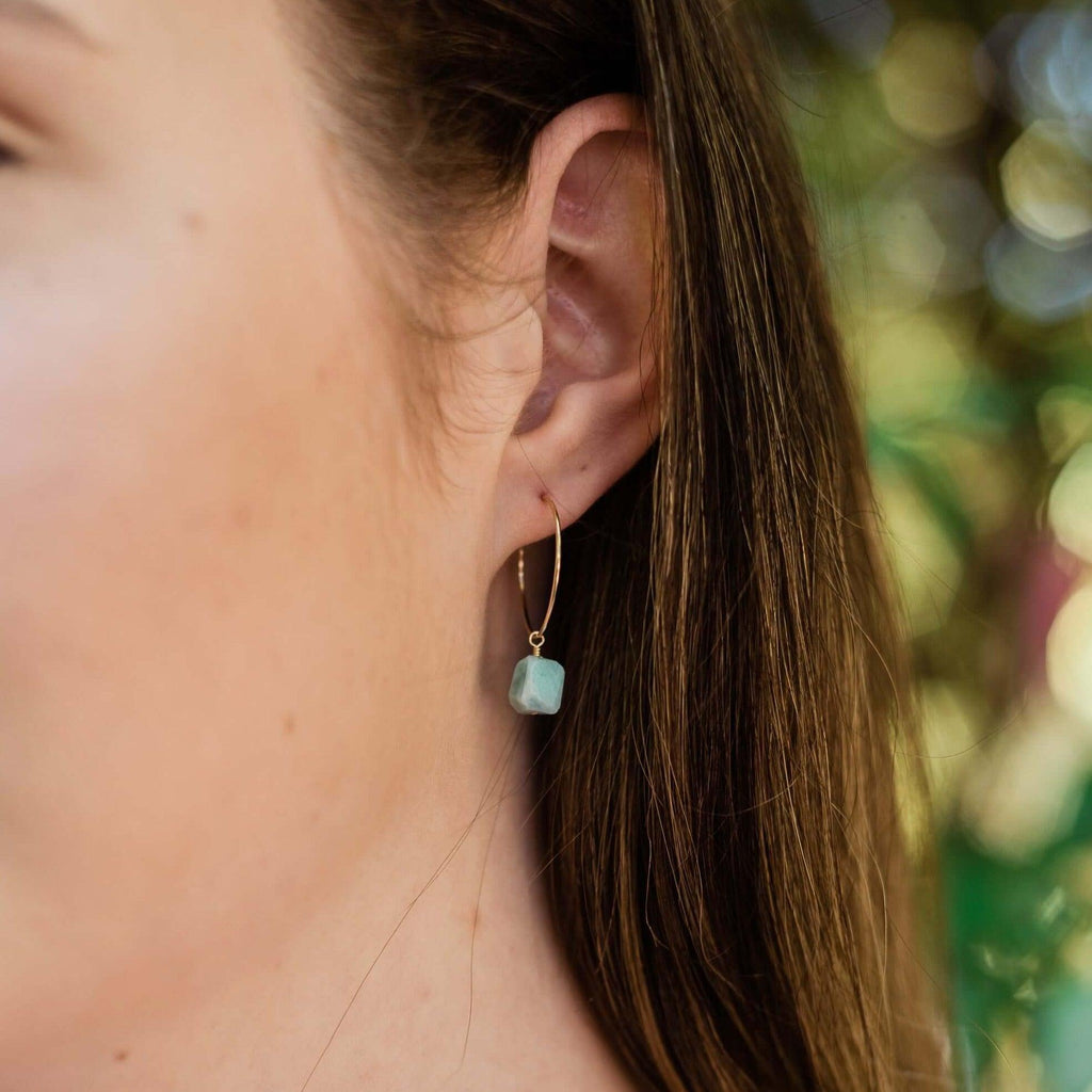 Raw Larimar Gemstone Dangle Hoop Earrings - Raw Larimar Gemstone Dangle Hoop Earrings - 14k Gold Fill - Luna Tide Handmade Crystal Jewellery