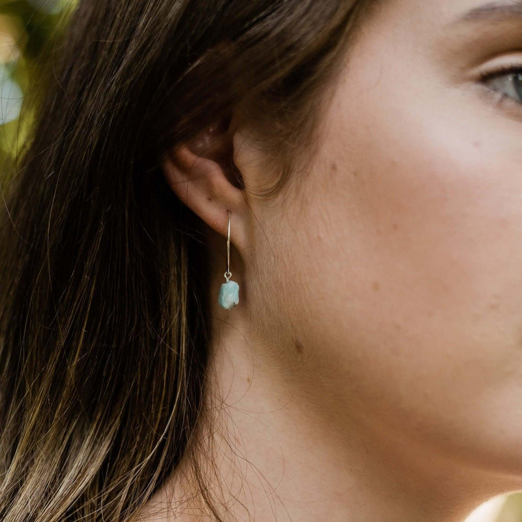 Raw Larimar Gemstone Dangle Hoop Earrings - Raw Larimar Gemstone Dangle Hoop Earrings - 14k Gold Fill - Luna Tide Handmade Crystal Jewellery