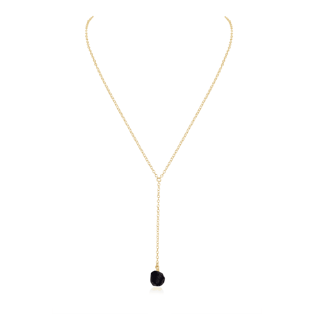 Raw Obsidian Crystal Lariat Necklace - Raw Obsidian Crystal Lariat Necklace - 14k Gold Fill - Luna Tide Handmade Crystal Jewellery