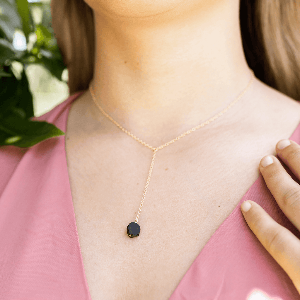 Raw Obsidian Crystal Lariat Necklace - Raw Obsidian Crystal Lariat Necklace - 14k Gold Fill - Luna Tide Handmade Crystal Jewellery