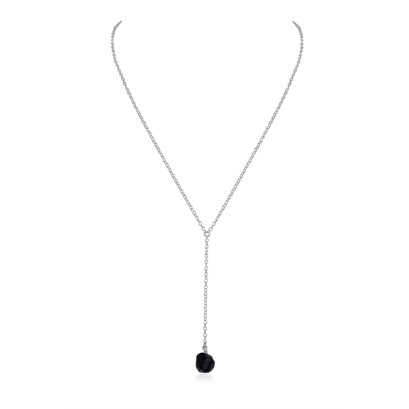Raw Obsidian Crystal Lariat Necklace - Raw Obsidian Crystal Lariat Necklace - Stainless Steel - Luna Tide Handmade Crystal Jewellery