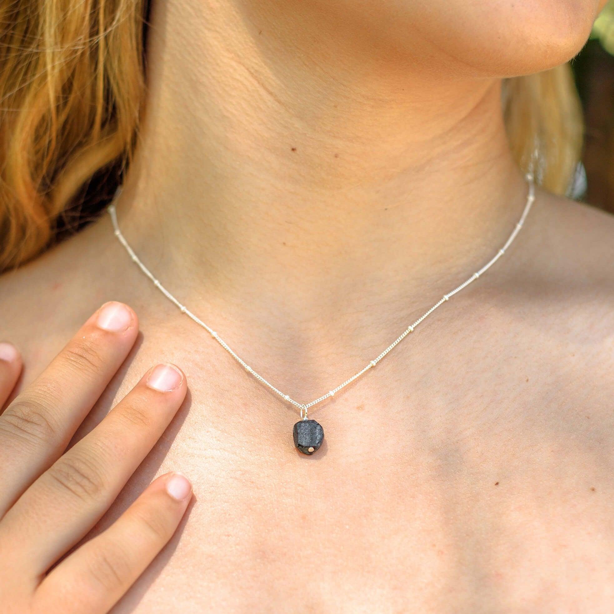 Raw Obsidian Natural Crystal Pendant Necklace - Raw Obsidian Natural Crystal Pendant Necklace - Sterling Silver / Satellite - Luna Tide Handmade Crystal Jewellery