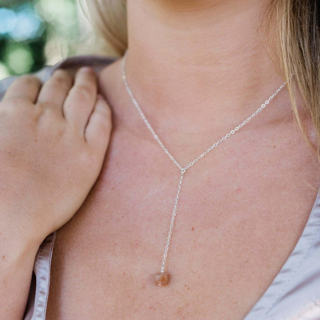 Raw Orange Sunstone Crystal Lariat Necklace - Raw Orange Sunstone Crystal Lariat Necklace - 14k Gold Fill - Luna Tide Handmade Crystal Jewellery