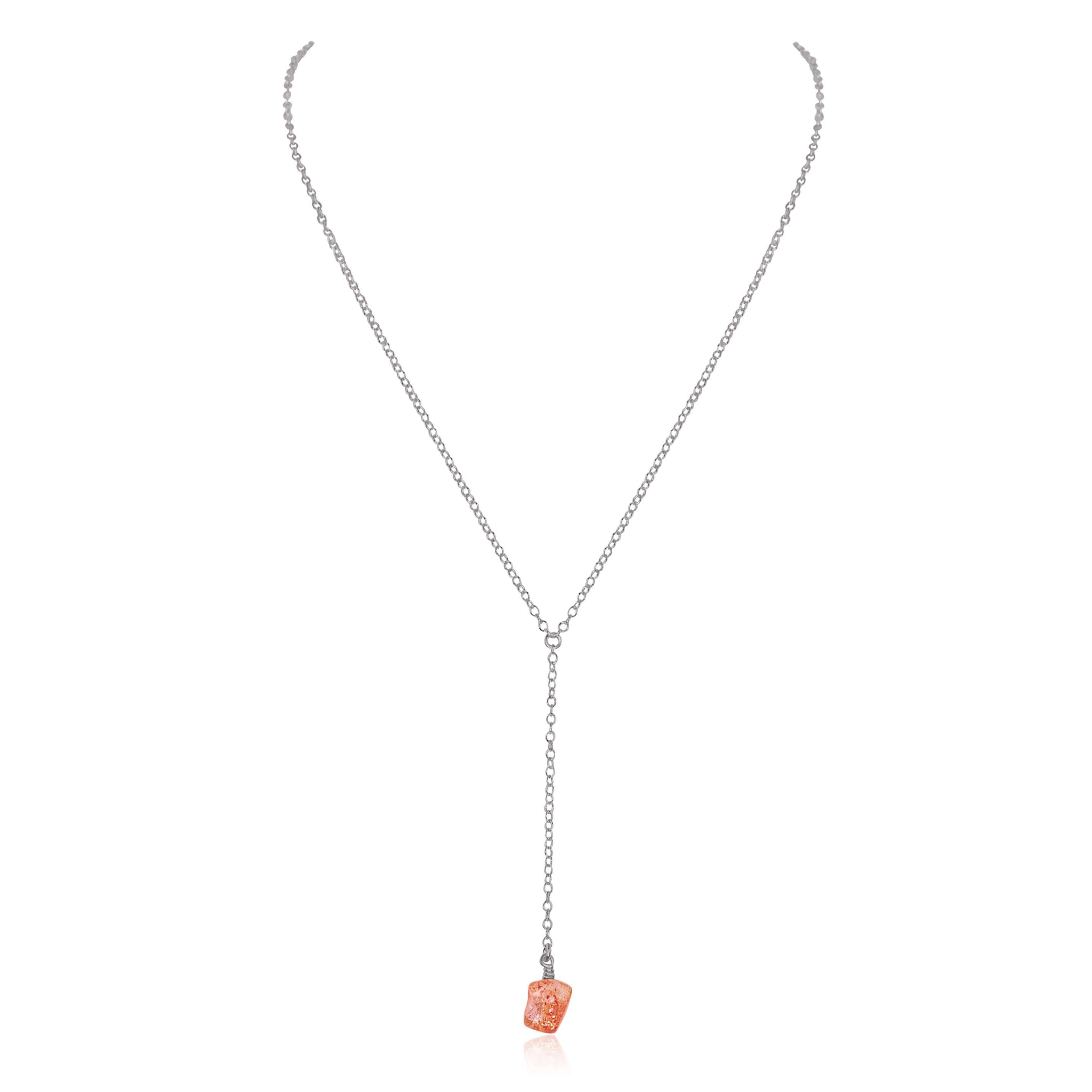 Raw Orange Sunstone Crystal Lariat Necklace - Raw Orange Sunstone Crystal Lariat Necklace - Stainless Steel - Luna Tide Handmade Crystal Jewellery