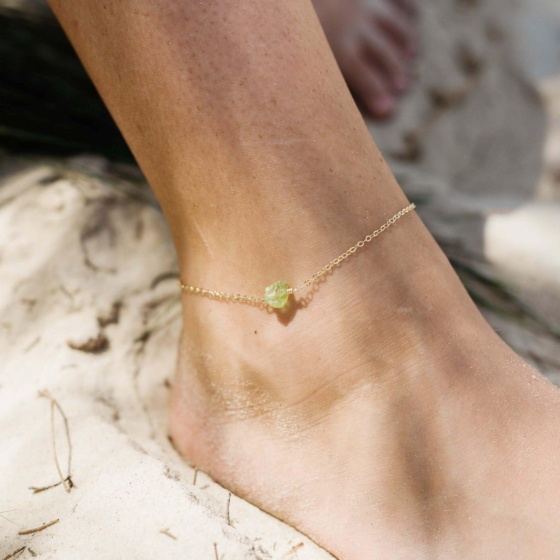Raw Peridot Crystal Nugget Anklet - Raw Peridot Crystal Nugget Anklet - Sterling Silver - Luna Tide Handmade Crystal Jewellery