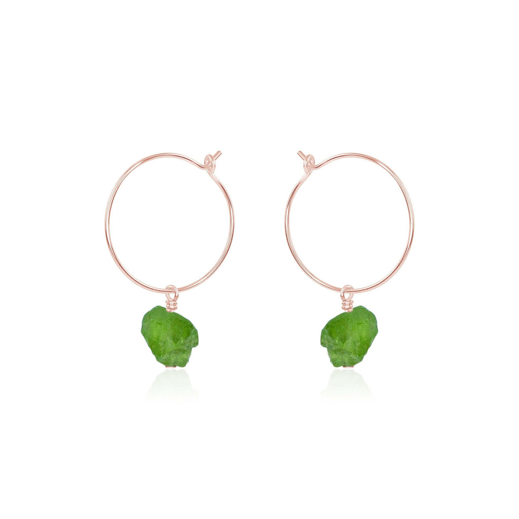 Raw Peridot Gemstone Dangle Hoop Earrings - Raw Peridot Gemstone Dangle Hoop Earrings - 14k Rose Gold Fill - Luna Tide Handmade Crystal Jewellery