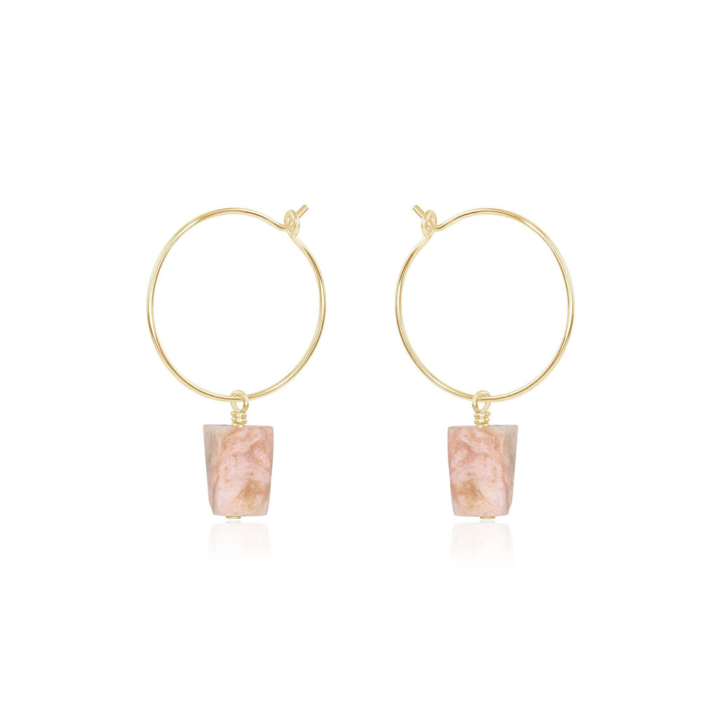Raw Pink Peruvian Opal Gemstone Dangle Hoop Earrings - Raw Pink Peruvian Opal Gemstone Dangle Hoop Earrings - 14k Gold Fill - Luna Tide Handmade Crystal Jewellery