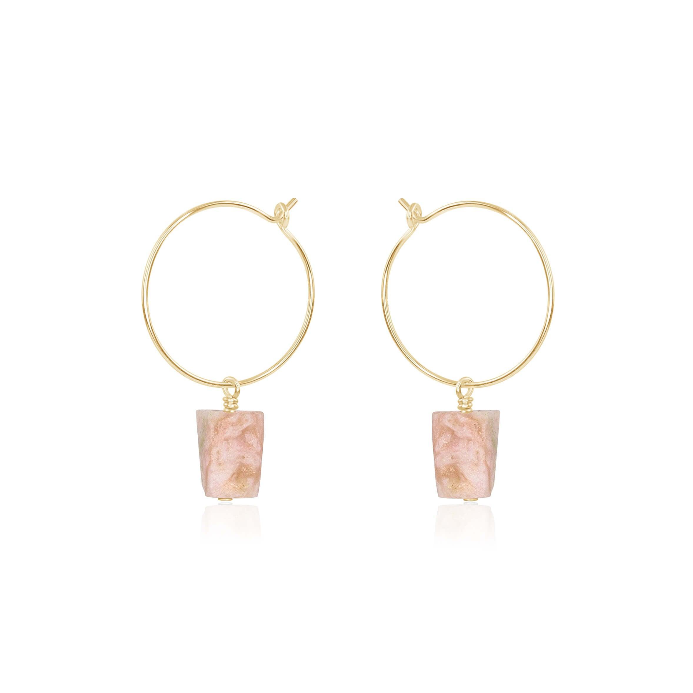 Raw Pink Peruvian Opal Gemstone Dangle Hoop Earrings - Raw Pink Peruvian Opal Gemstone Dangle Hoop Earrings - 14k Gold Fill - Luna Tide Handmade Crystal Jewellery